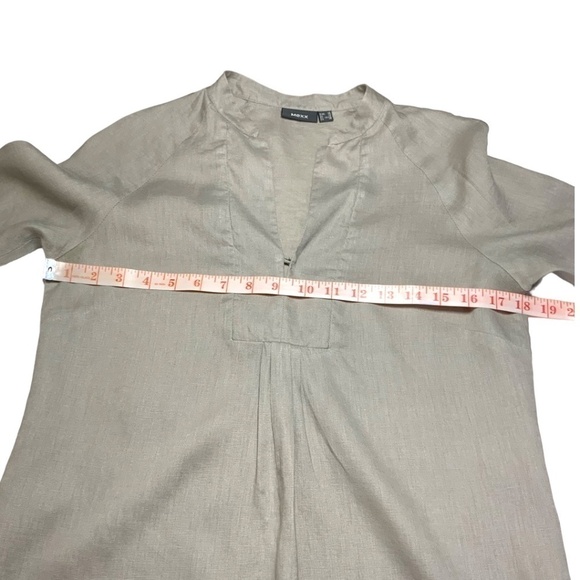 MEXX 100% Linen Beige/Grey Short Sleeve Popover Top Split Vee Neckline US Sz 6 - Picture 6 of 11